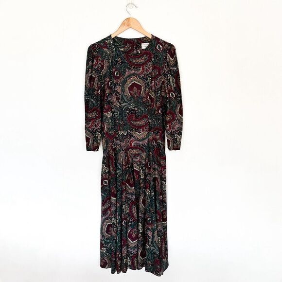 E.D Michaels Vintage Women’s Intricate Damask Dark Paisley Drop Waist Midi Dress - Picture 2 of 16